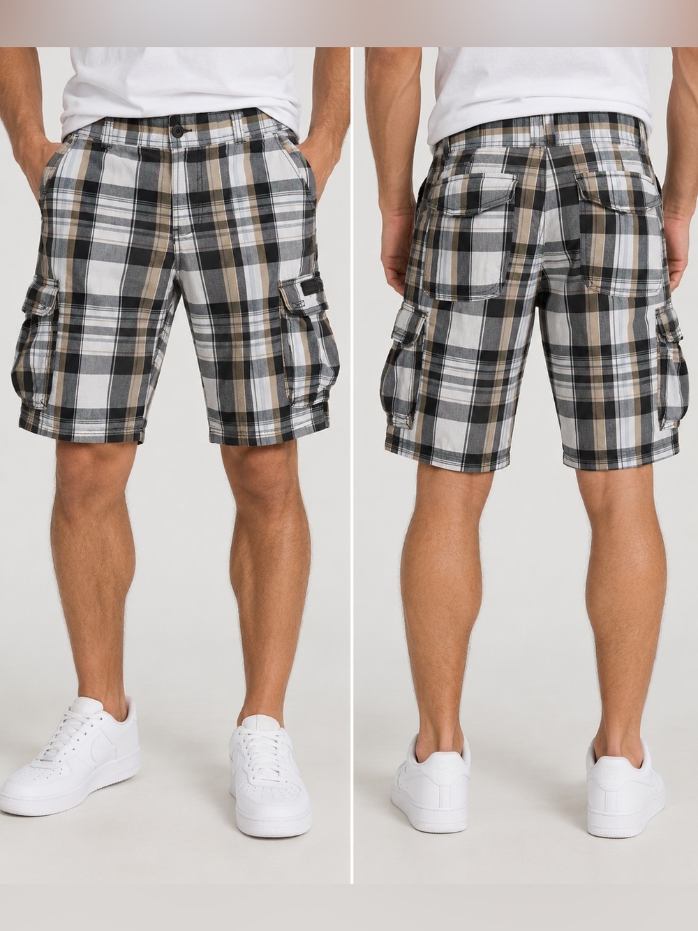 UNIONBAY Men's Plaid Cargo Shorts in Black, Gray & Tan